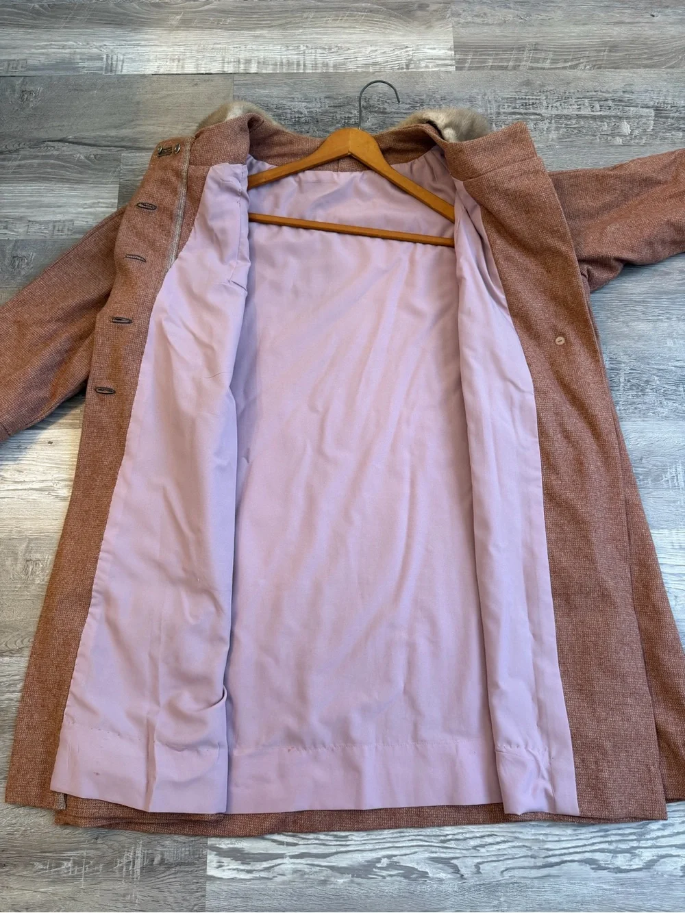 Vintage 60s Pink Swing Coat Genuine Fur Collar Womens XL 1X Mod A Line